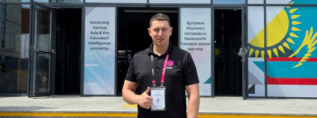 BiXBiT CTO Siarhei Trysantovich stands outside the GITEX event entrance